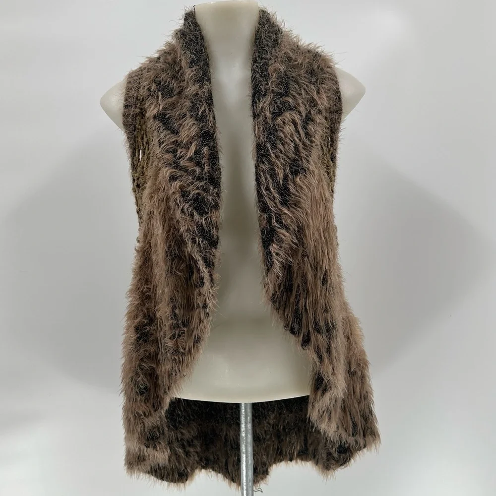 SKINNY BUNNY Fuzzy Crochet Open Cardigan Sz L Tan